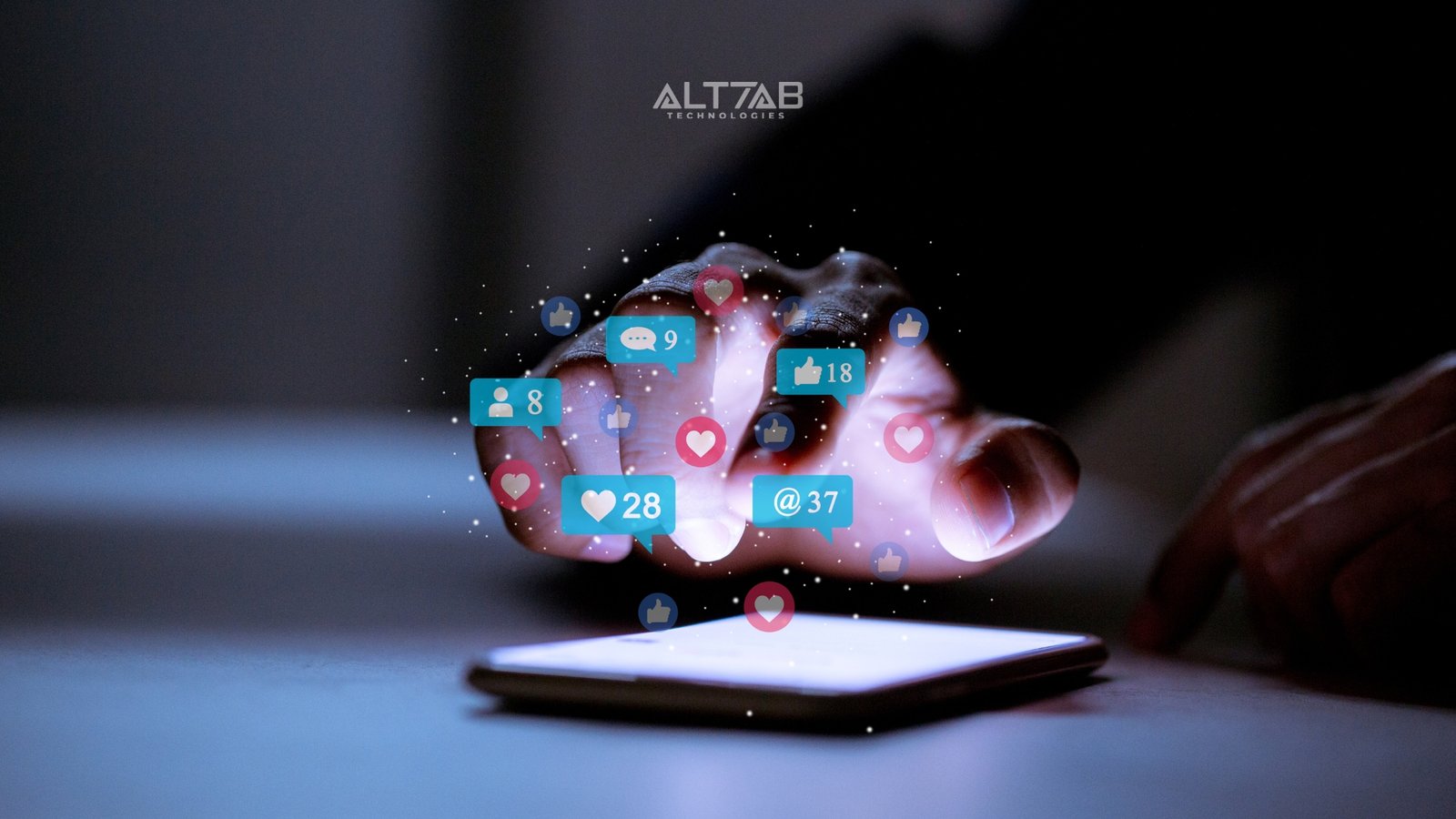 illustration of a smartphone showing various social media icons and engagement metrics like likes, comments, and shares, highlighting social media engagement strategies.